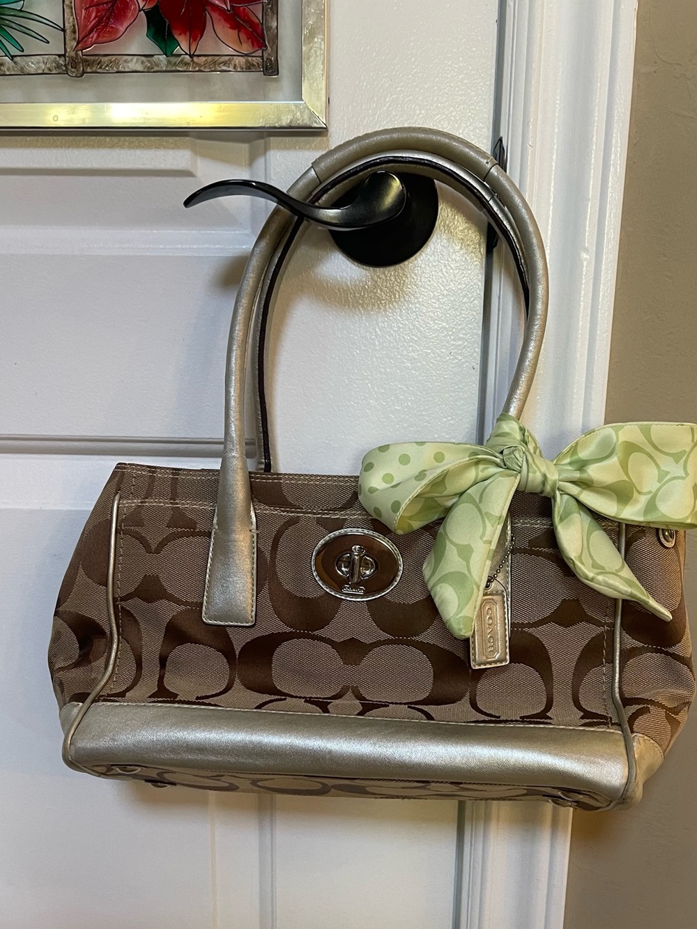 Coach Brown Signature Canvas Metallic Silver leather satchel Trim Green Bow lock